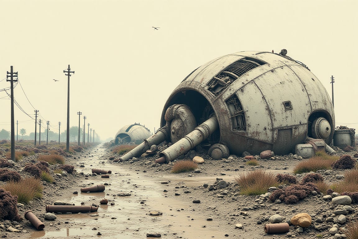 distant landscape of scrapped machines; style of Simon Stalenhag, extra sharp lines, super detailed, carcass of a robot on the side of the road