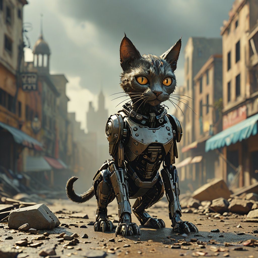 robo black cat,  ruined city background by Goblinius on Tensor.Art