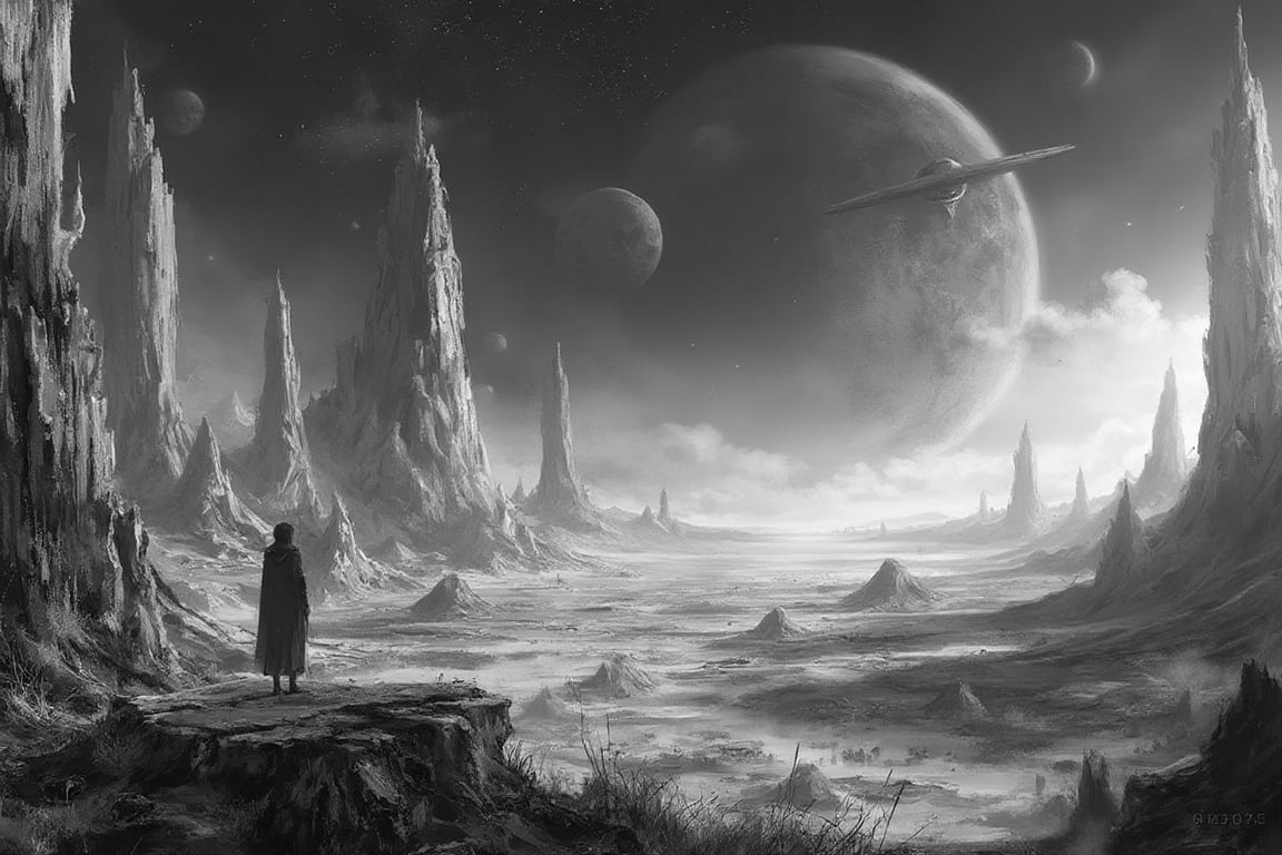 A surrealistic black-and-white depiction of an alien planet under a vast,  starless sky. The landscape is desolate,  with...
