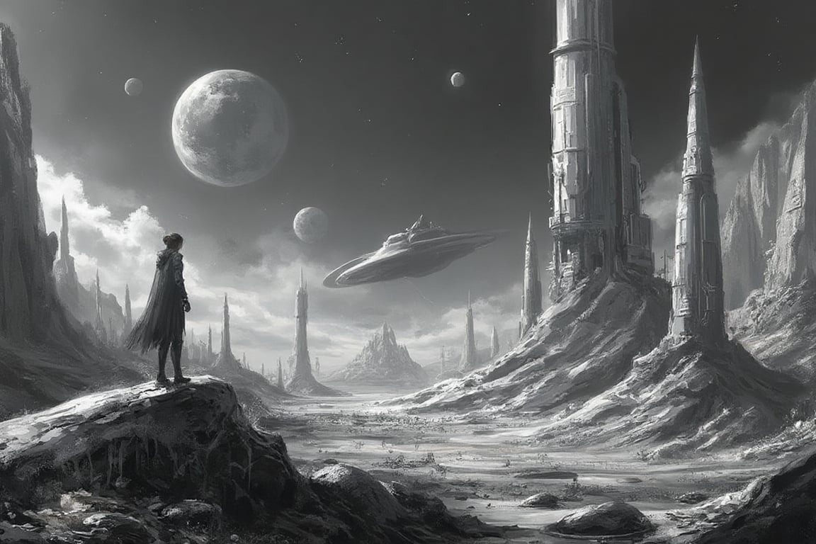 A surrealistic black-and-white depiction of an alien planet under a vast,  starless sky. The landscape is desolate,  with...