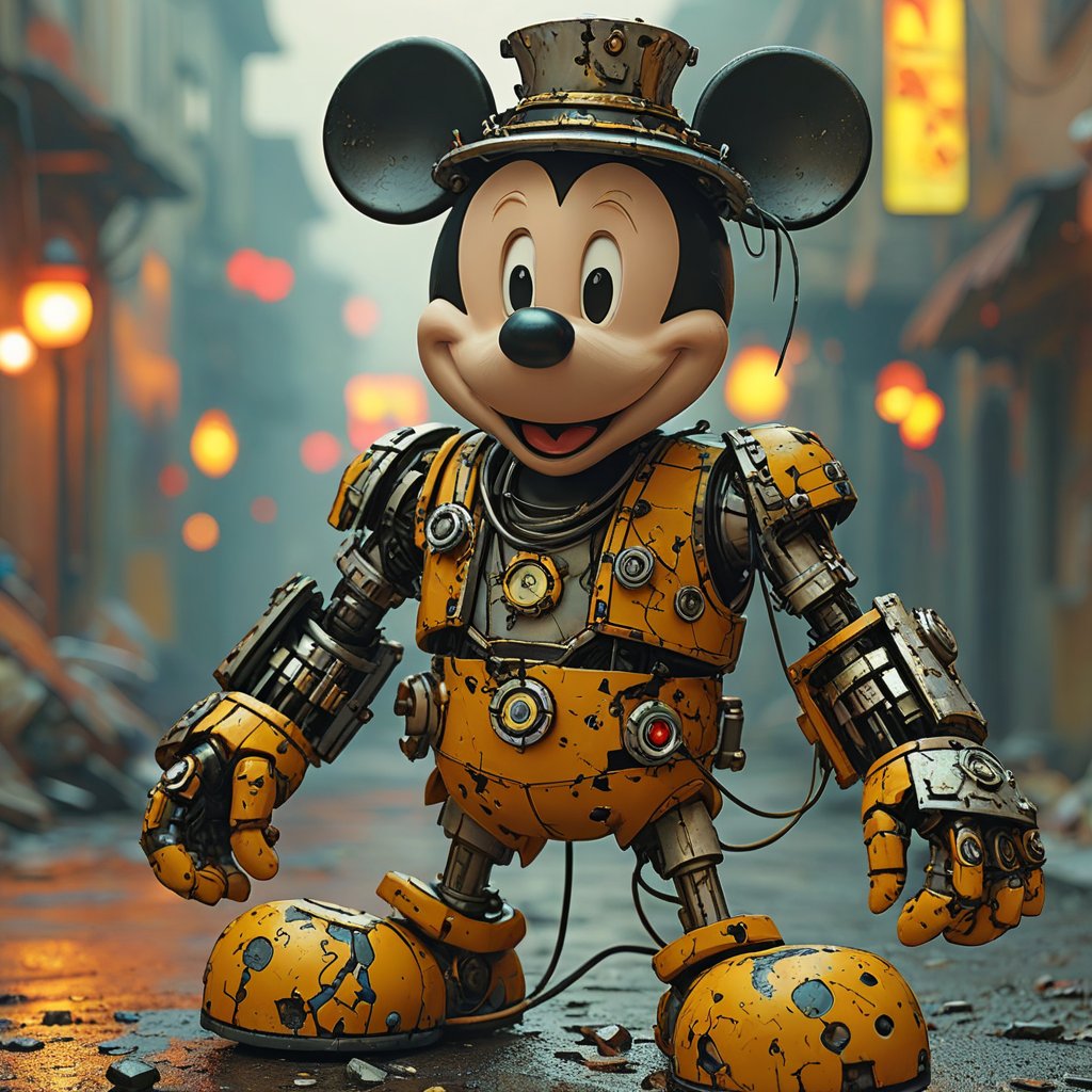 robo mickey mouse, ruined citalian ity background, no fur, mechanical face, LED eyes, arcane wizard