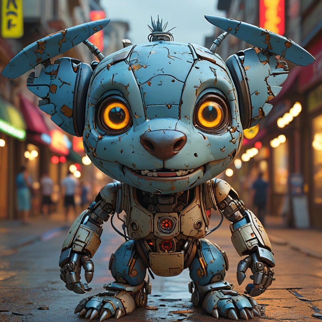 robo stitch disney, ruined citalian ity background, no fur, mechanical face, LED eyes