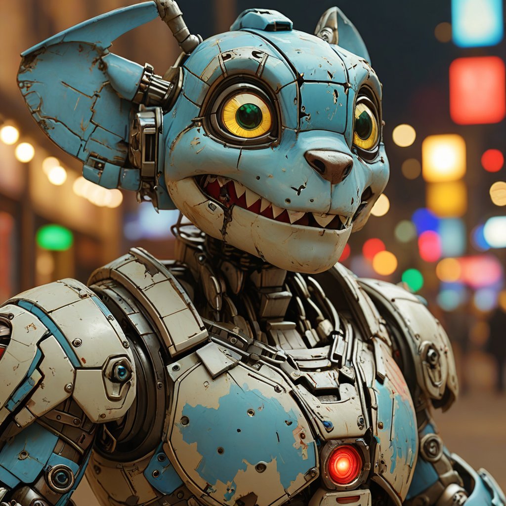 robo stitch disney, ruined citalian ity background, no fur, mechanical face, LED eyes