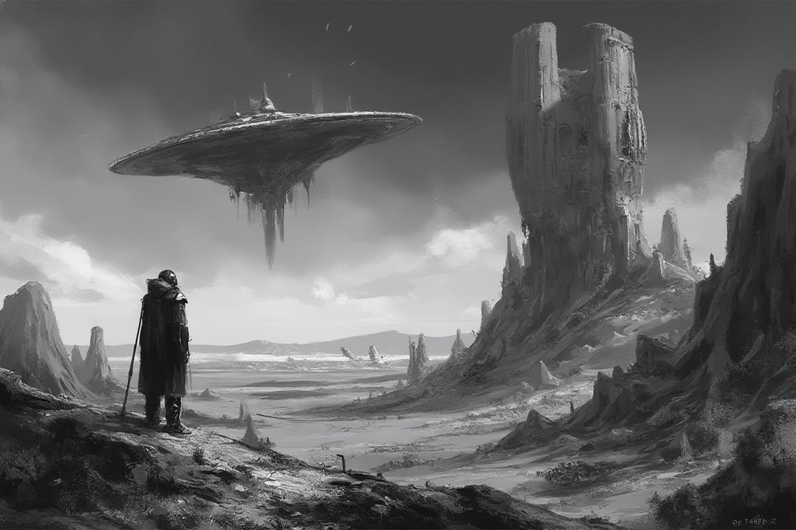 A surrealistic black-and-white depiction of an alien planet under a vast,  starless sky. The landscape is desolate,  with...
