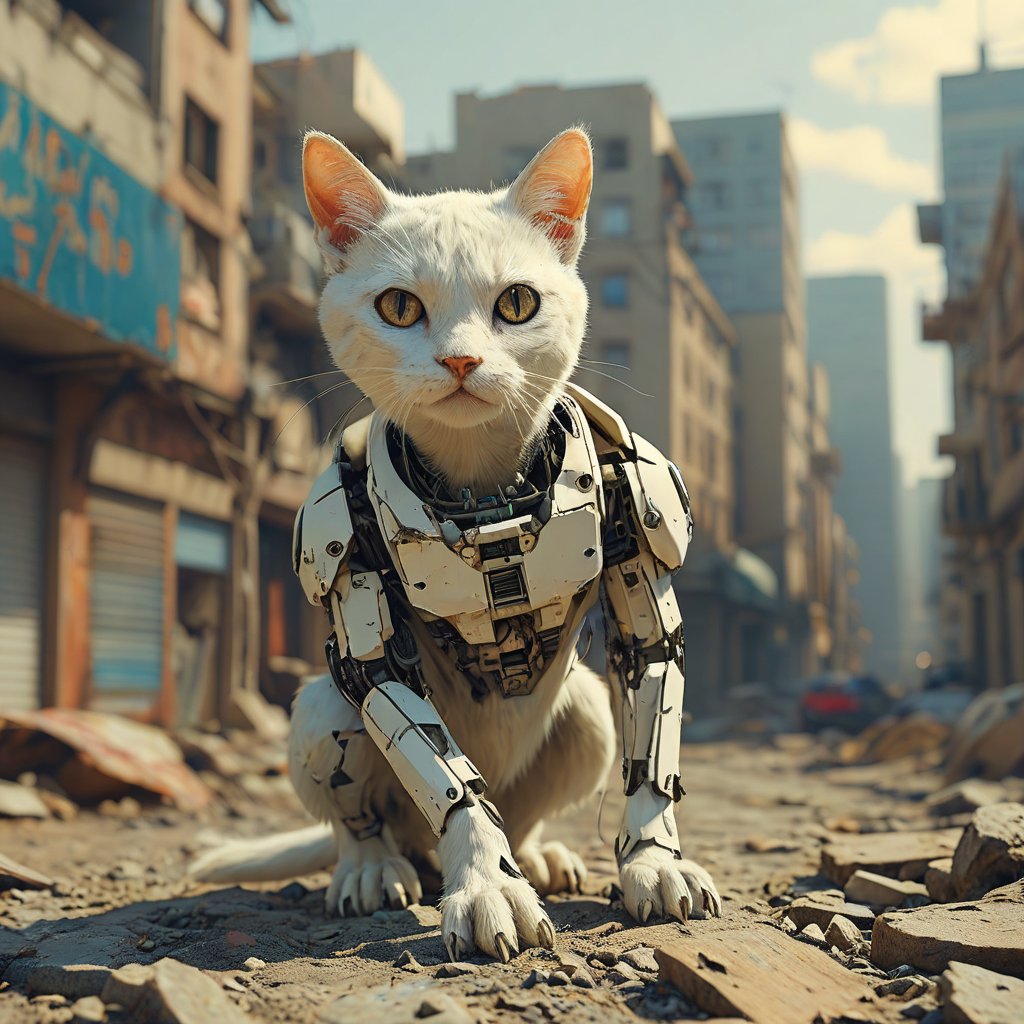 robo white cat,  ruined city background by Goblinius on Tensor.Art