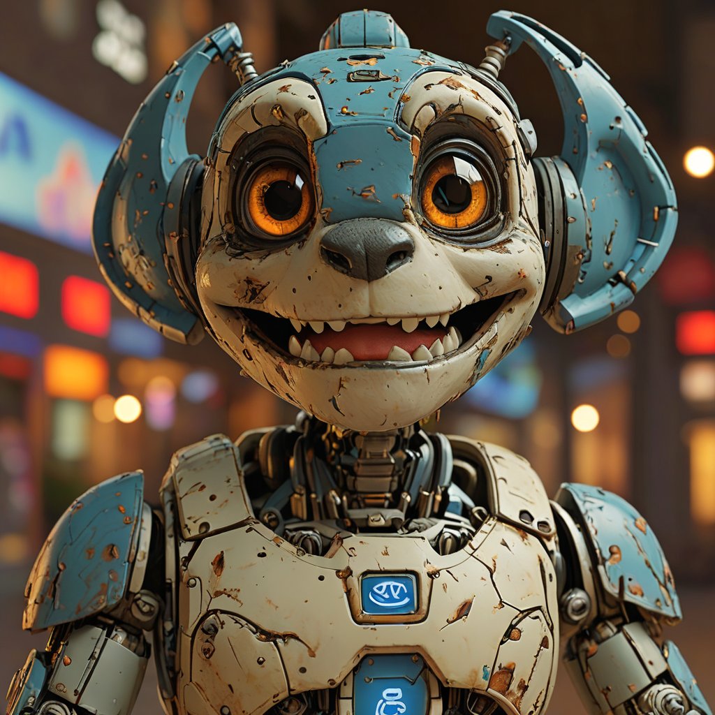 robo stitch disney, ruined citalian ity background, no fur, mechanical face, LED eyes