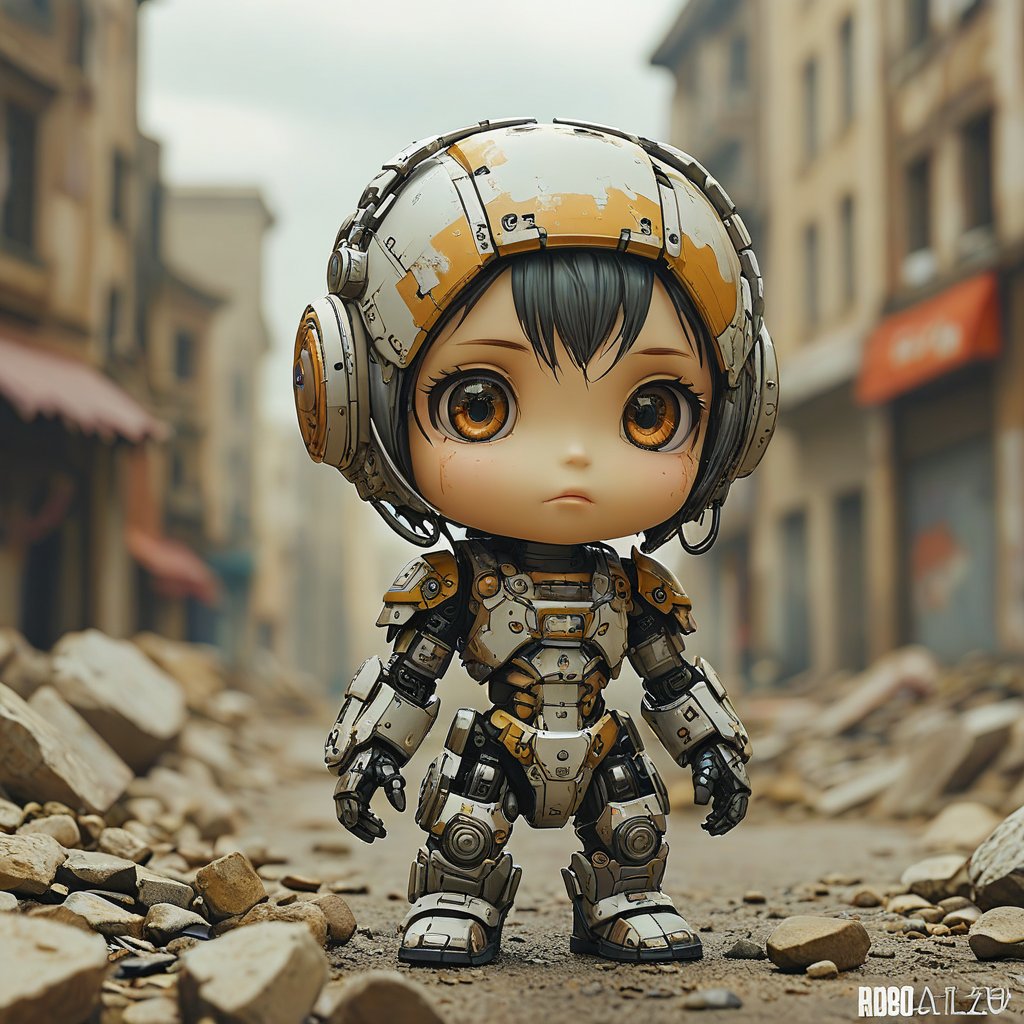 robo chibi, ruined city background, no fur