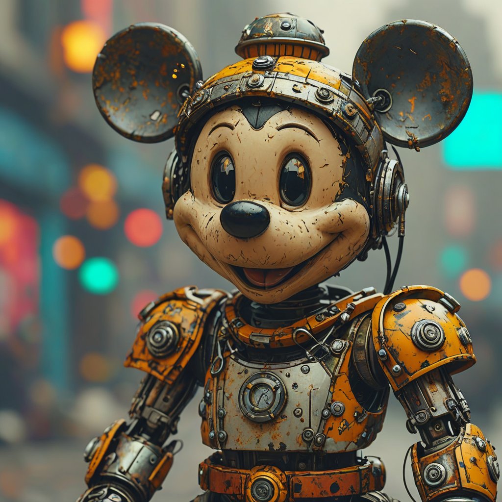 robo mickey mouse, ruined citalian ity background, no fur, mechanical face, LED eyes, arcane wizard