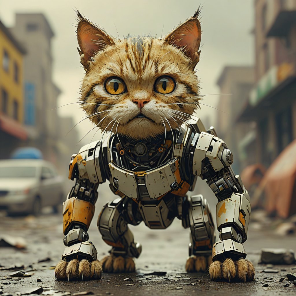 robo angry cat,  ruined city background by Goblinius on Tensor.Art