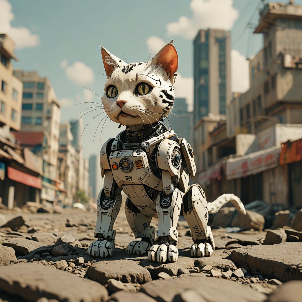 robo cat,  ruined city background by Goblinius on Tensor.Art