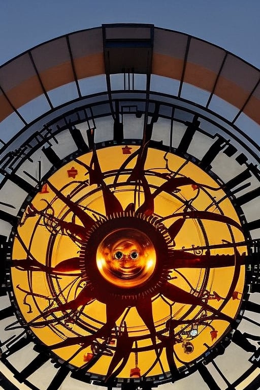 A massive mechanical sun that hangs in the city's center, its gears and cogs constantly whirring. It serves as both a timekeeping device and a mesmerizing spectacle during its daily "sunset."