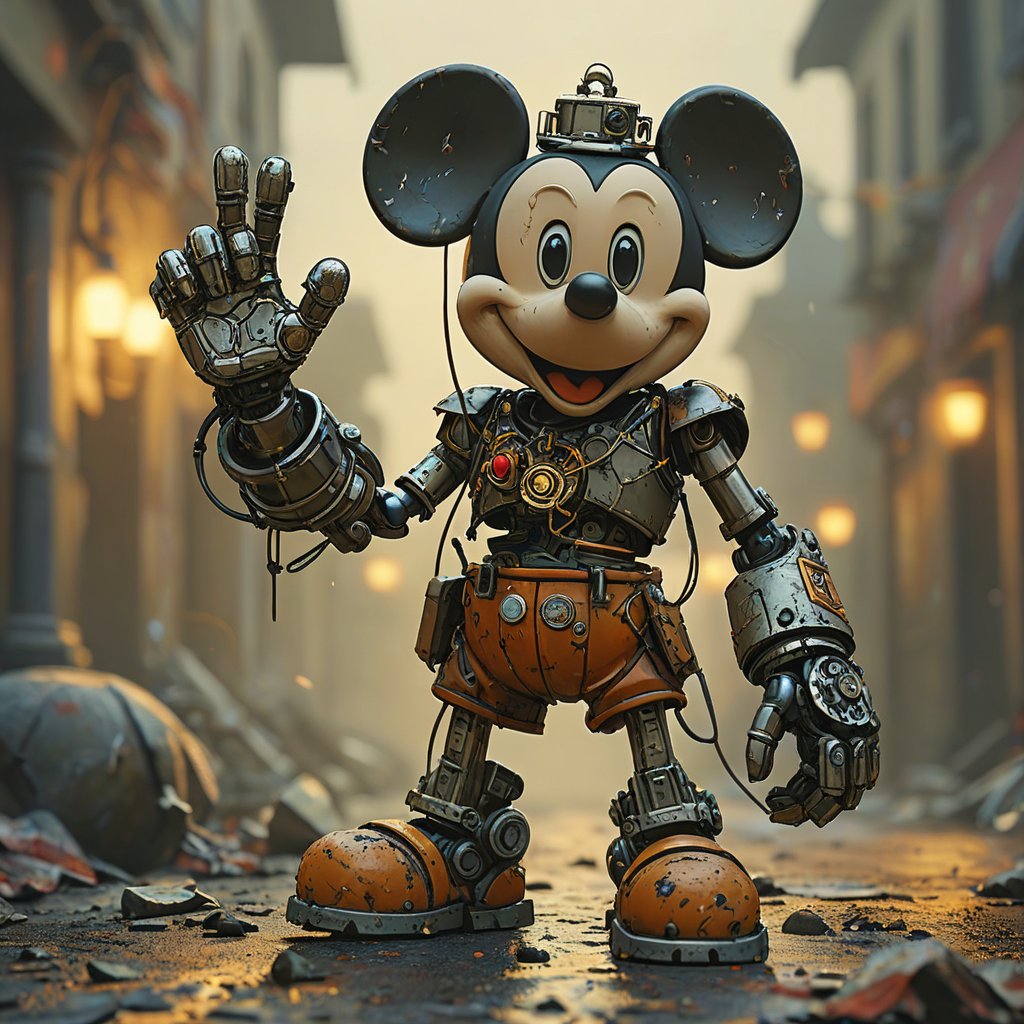 robo mickey mouse, ruined citalian ity background, no fur, mechanical face, LED eyes, arcane wizard