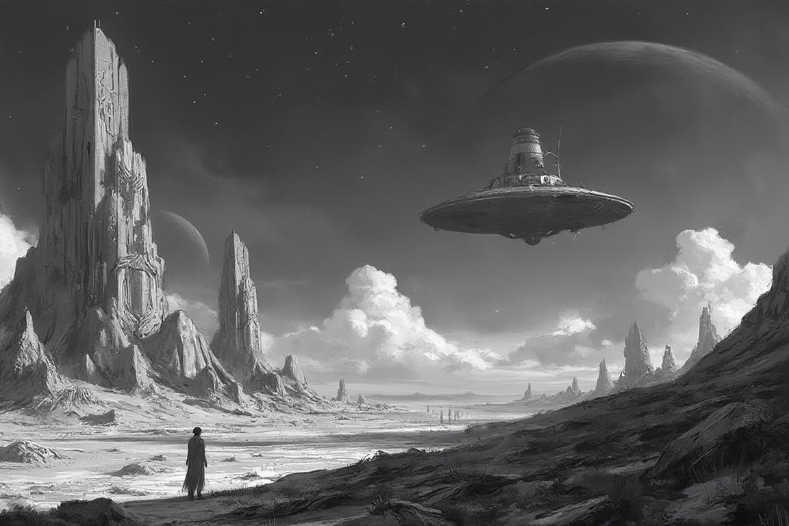 A surrealistic black-and-white depiction of an alien planet under a vast,  starless sky. The landscape is desolate,  with...