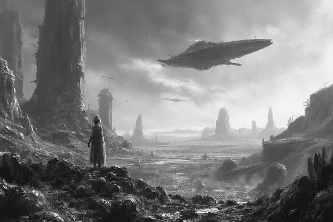 A surrealistic black-and-white depiction of an alien planet under a vast,  starless sky. The landscape is desolate,  with...