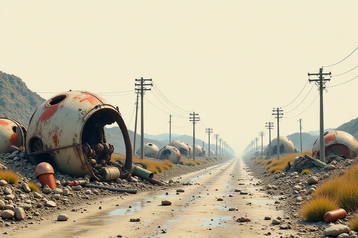 distant landscape of scrapped machines; style of Simon Stalenhag, extra sharp lines, super detailed, carcass of a robot on the side of the road