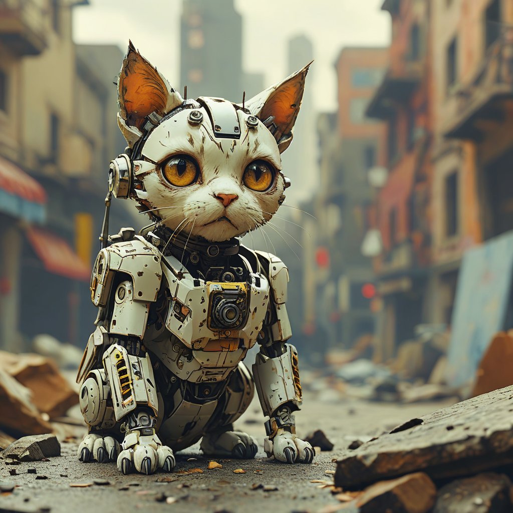 robo cat, ruined city background