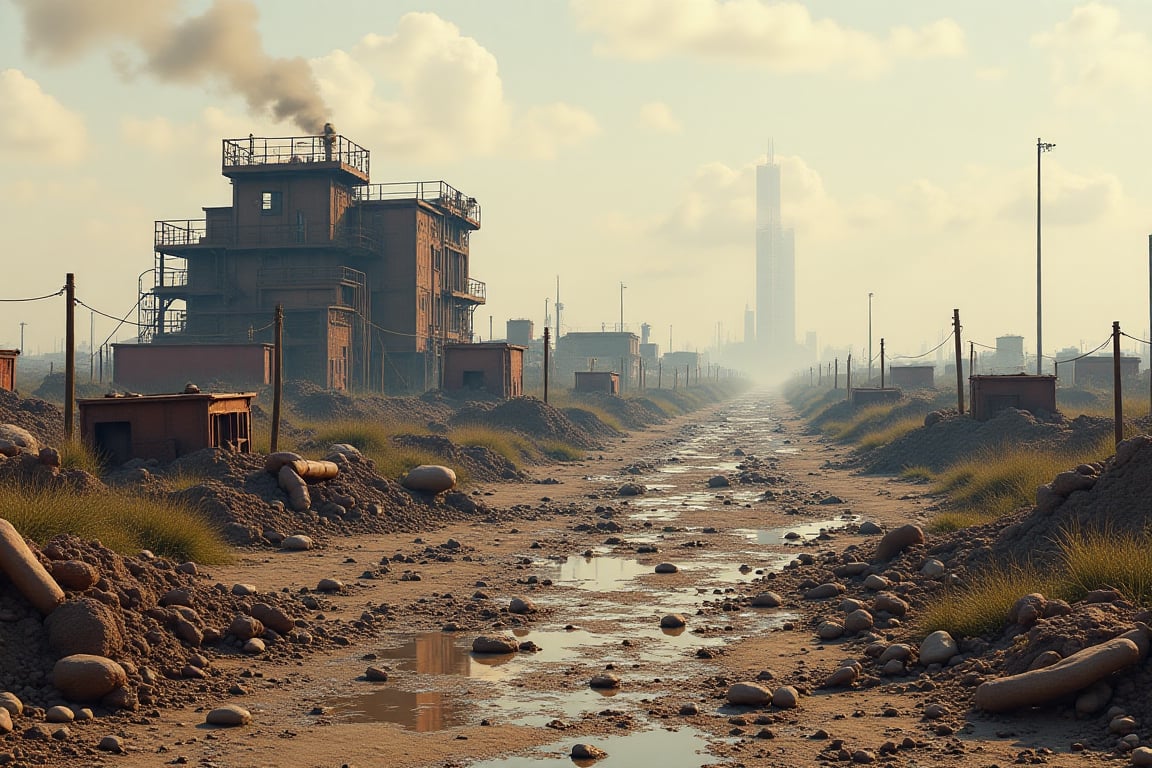 distant landscape of scrapped machines; style of Simon Stalenhag, extra sharp lines, super detailed