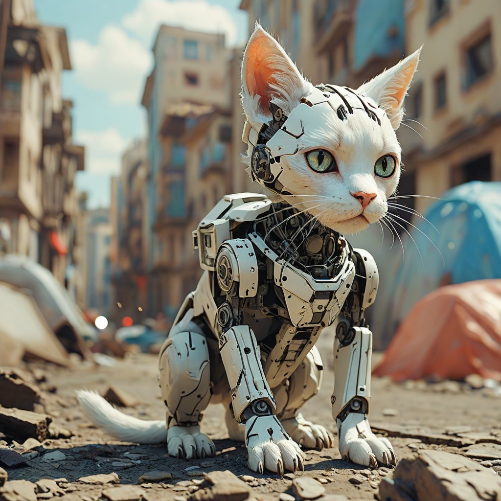 robo white cat,  ruined city background by Goblinius on Tensor.Art