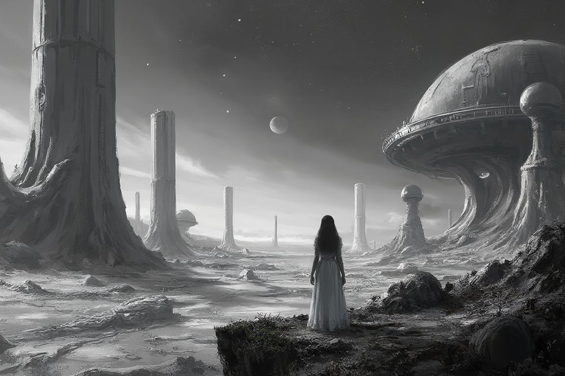 A surrealistic black-and-white depiction of an alien planet under a vast,  starless sky. The landscape is desolate,  with...