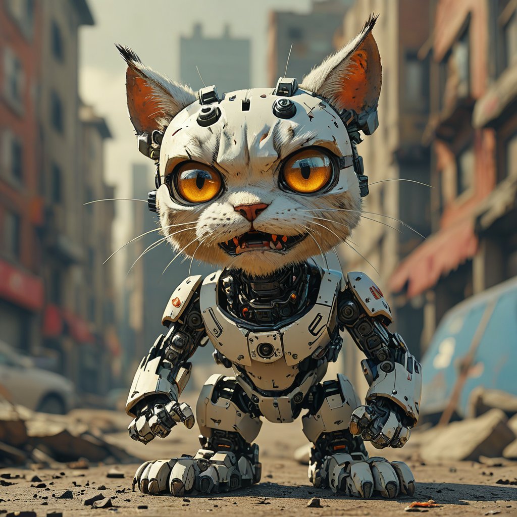 robo angry cat,  ruined city background by Goblinius on Tensor.Art
