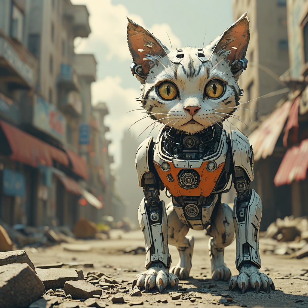 robo cat,  ruined city background by Goblinius on Tensor.Art