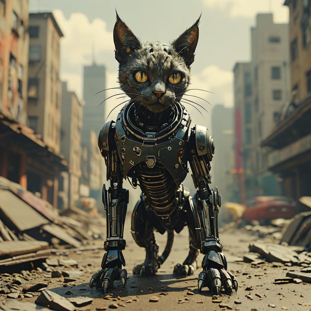 robo black cat,  ruined city background by Goblinius on Tensor.Art