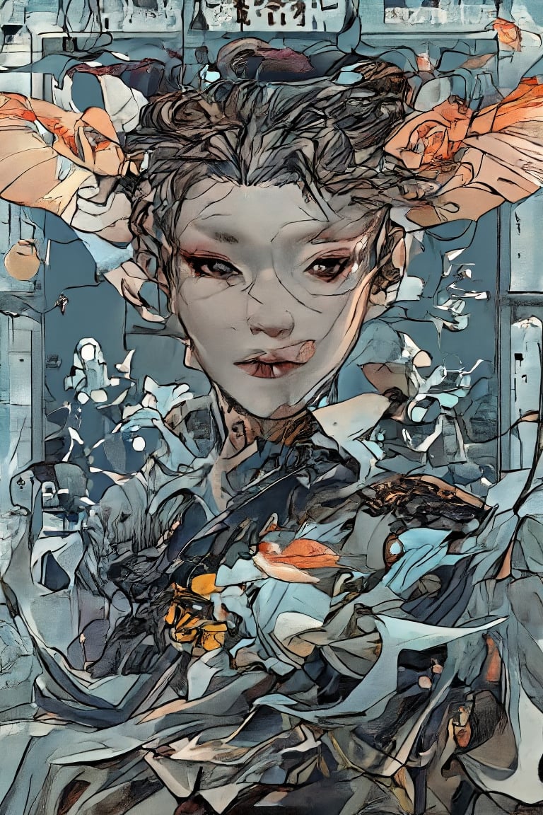 Robotic geisha, Photo, realistic, light refraction, ((acrylic with goldfish illustration embedded in desk)),  llngsh AND 1920s geisha, face, brunette, kimono goldfish look like they are swimming in Chinese letter panterns that spell ni hao, deep blue and light blue gradation, very beautiful, cool feeling piece, front view of face and full body head to toe angel woman facing the camera, full color Sketch book, highly detailed hand drawn, light, realistic sketch, dark orange and gold chiffon linen and flowing gossamer with ruffled silk under garments dress braded dark brown hair Rough sketch, mix of bold dark lines and loose lines, bold lines, on paper, beautiful angel facing camera, character model sheet, back view included on character sheet. female, Full body, runes, light hero theme, flowing partially braided hair, beautiful 8k photorealistic, 