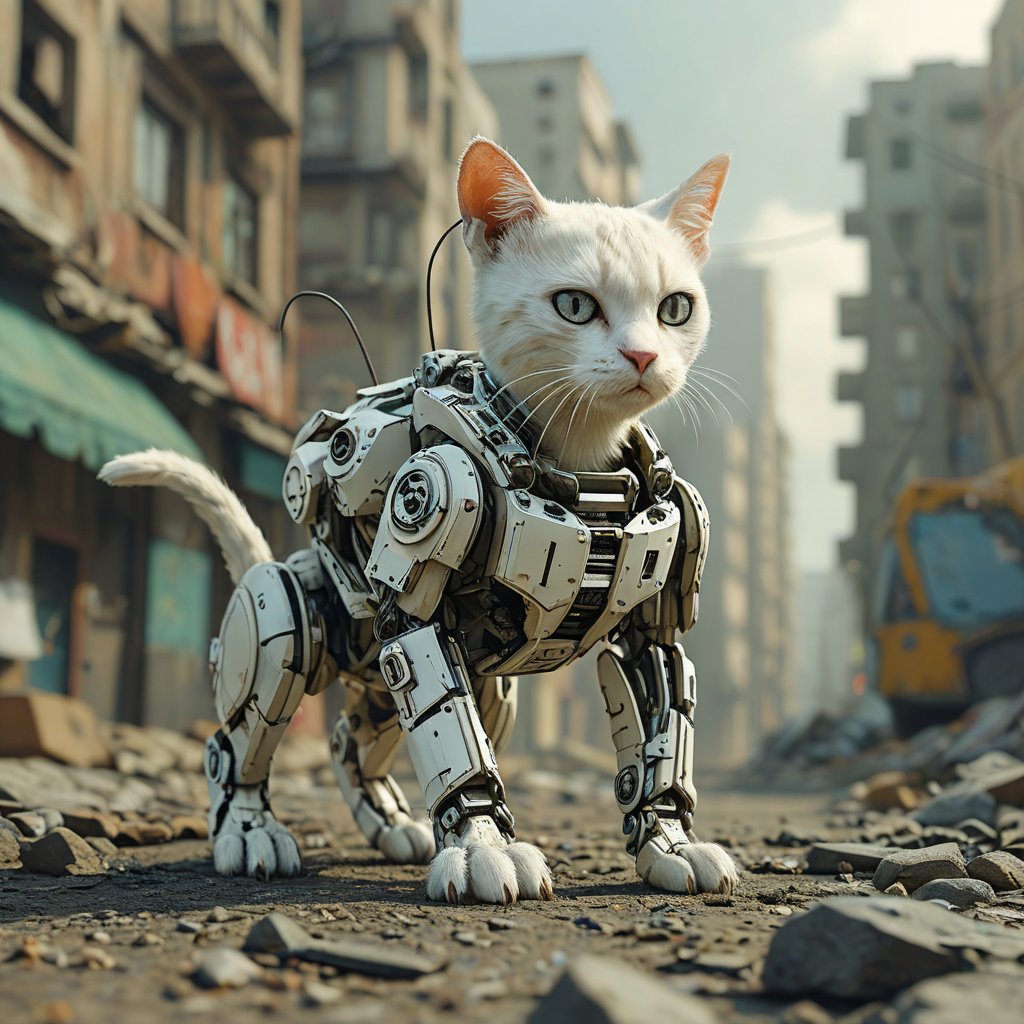 robo white cat,  ruined city background by Goblinius on Tensor.Art