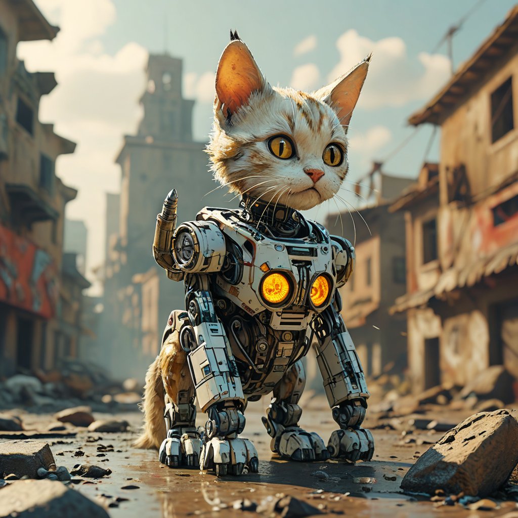 robo cat,  ruined city background by Goblinius on Tensor.Art