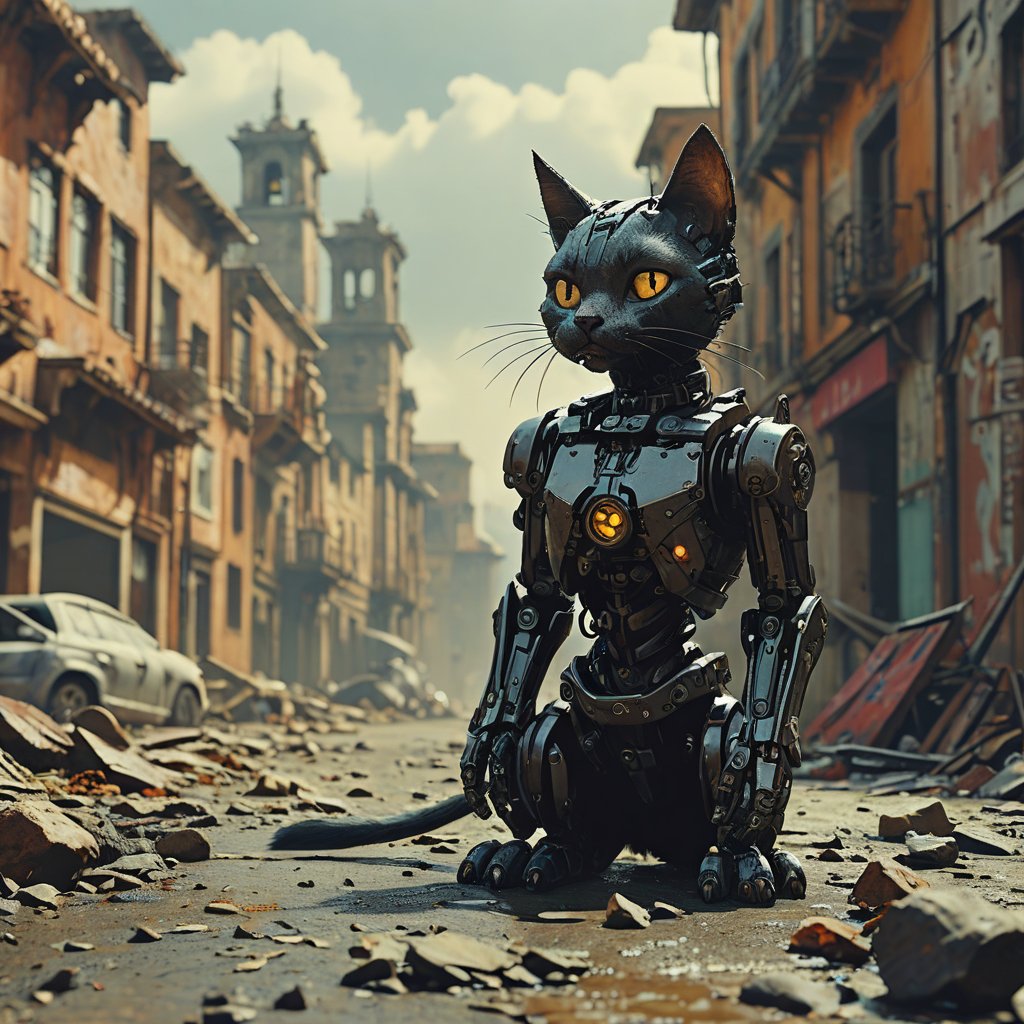 robo black cat,  ruined city background by Goblinius on Tensor.Art