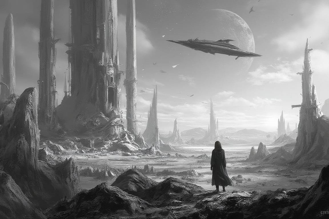 A surrealistic black-and-white depiction of an alien planet under a vast,  starless sky. The landscape is desolate,  with...