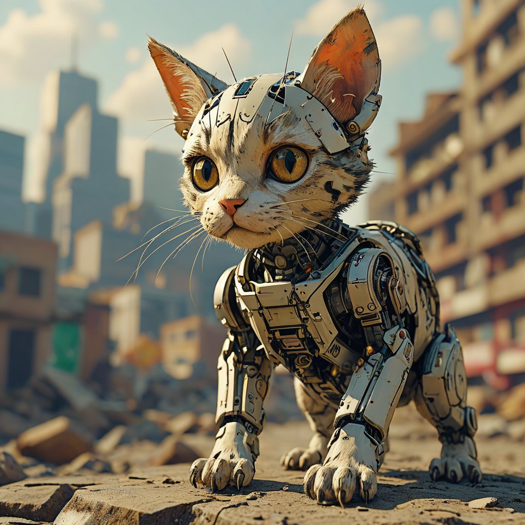 robo cat, ruined city background