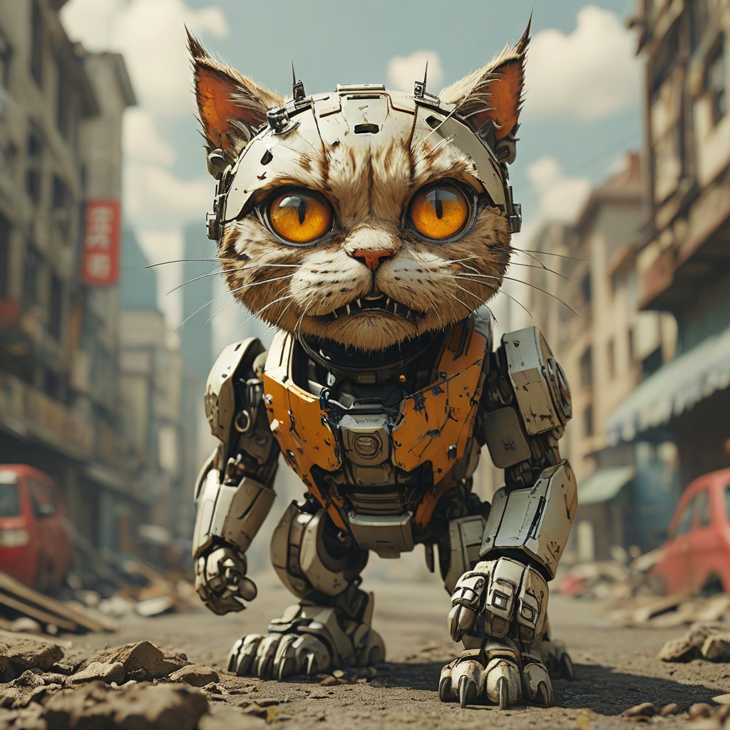 robo angry cat,  ruined city background by Goblinius on Tensor.Art