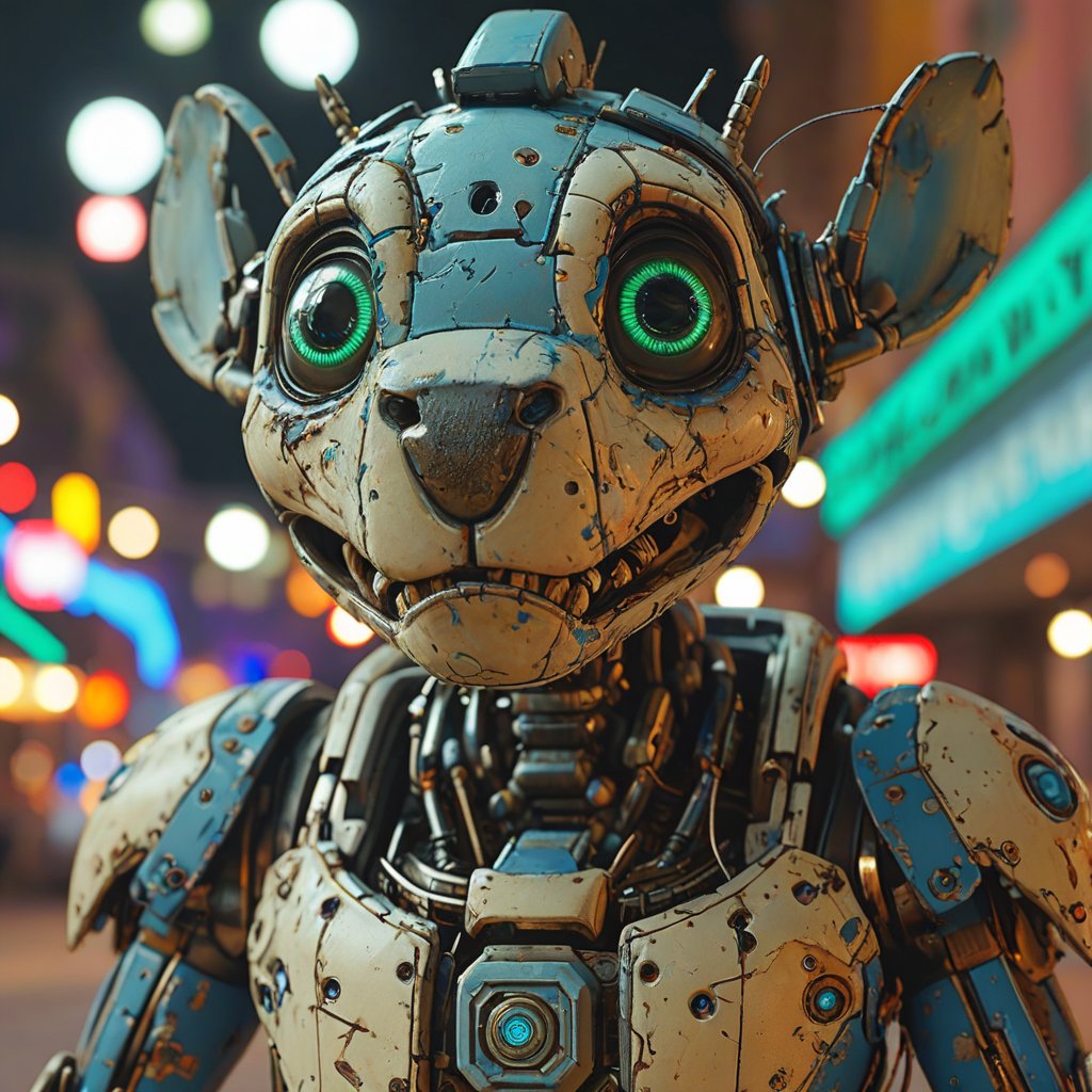 robo stitch disney, ruined citalian ity background, no fur, mechanical face, LED eyes