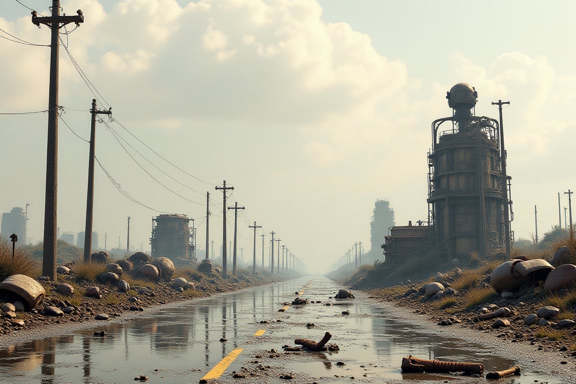 distant landscape of scrapped machines; style of Simon Stalenhag, extra sharp lines, super detailed, carcass of a robot on the side of the road