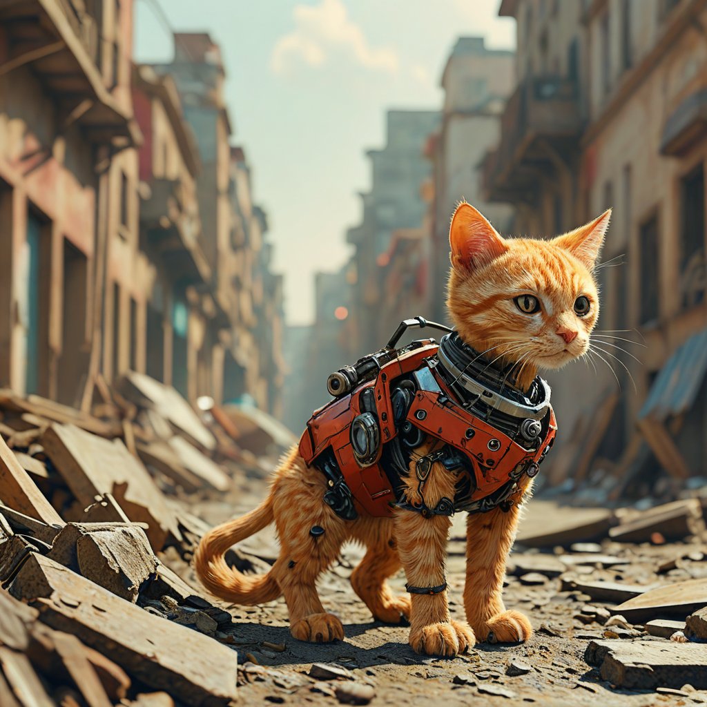 robo red cat,  ruined city background by Goblinius on Tensor.Art