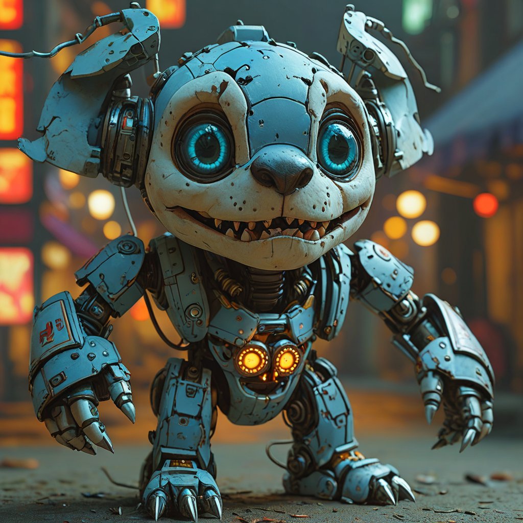 robo stitch disney, ruined citalian ity background, no fur, mechanical face, LED eyes