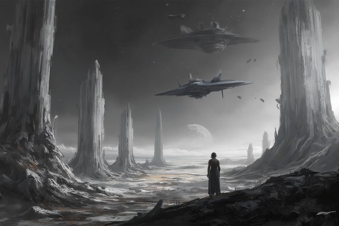 A surrealistic black-and-white depiction of an alien planet under a vast,  starless sky. The landscape is desolate,  with...