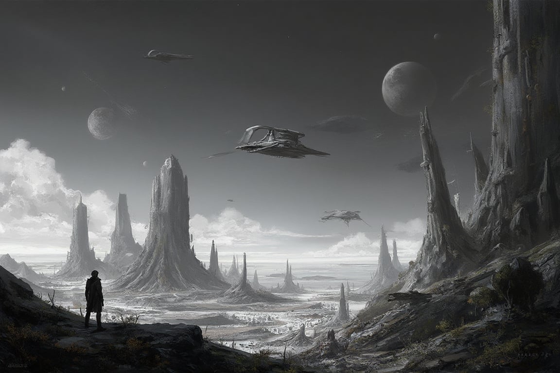 A surrealistic black-and-white depiction of an alien planet under a vast,  starless sky. The landscape is desolate,  with...
