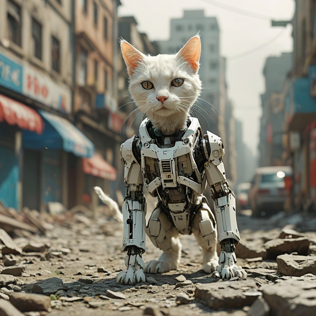 robo white cat,  ruined city background by Goblinius on Tensor.Art