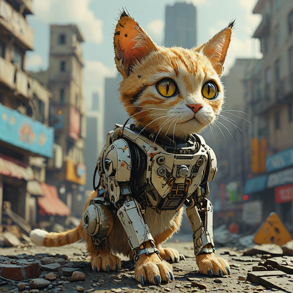 robo cat,  ruined city background by Goblinius on Tensor.Art