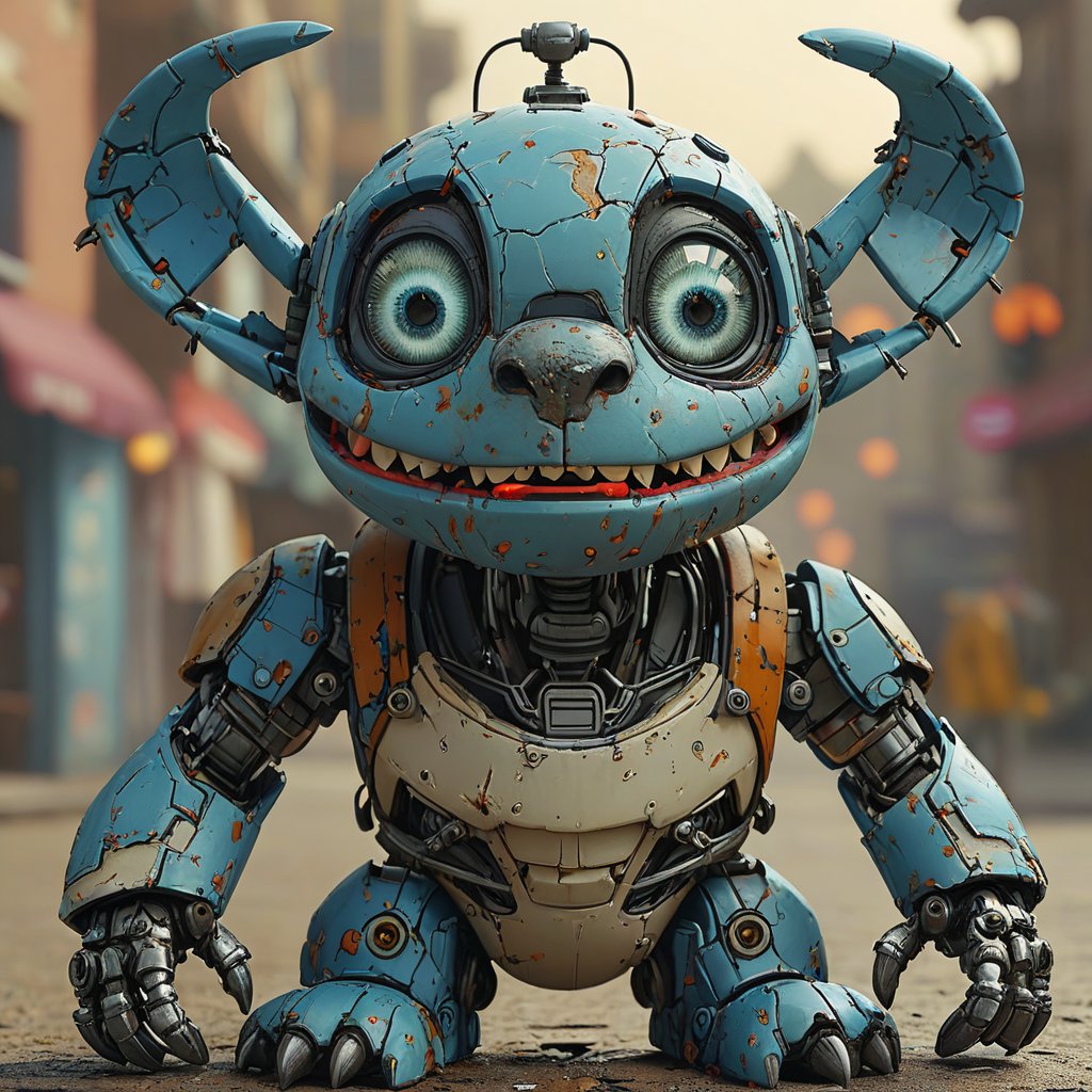 robo stitch disney, ruined citalian ity background, no fur, mechanical face, LED eyes