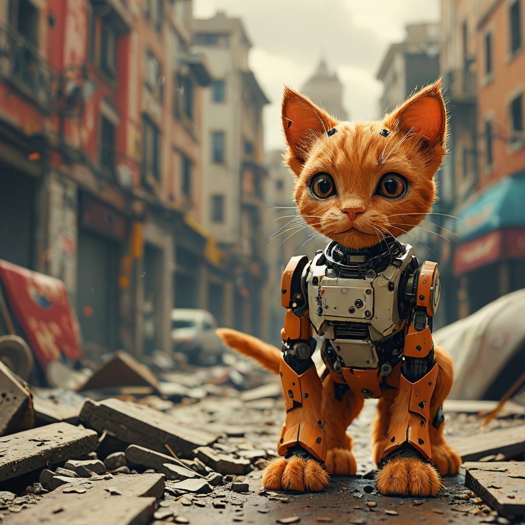 robo red cat,  ruined city background by Goblinius on Tensor.Art