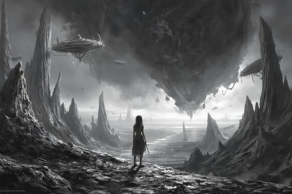 A surrealistic black-and-white depiction of an alien planet under a vast,  starless sky. The landscape is desolate,  with...