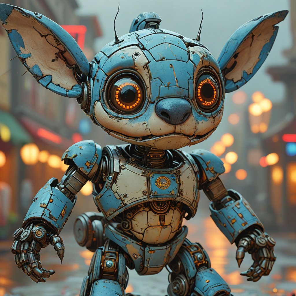 robo stitch disney, ruined citalian ity background, no fur, mechanical face, LED eyes