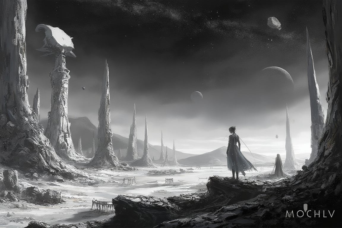 A surrealistic black-and-white depiction of an alien planet under a vast,  starless sky. The landscape is desolate,  with...