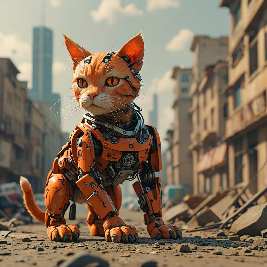 robo red cat,  ruined city background by Goblinius on Tensor.Art
