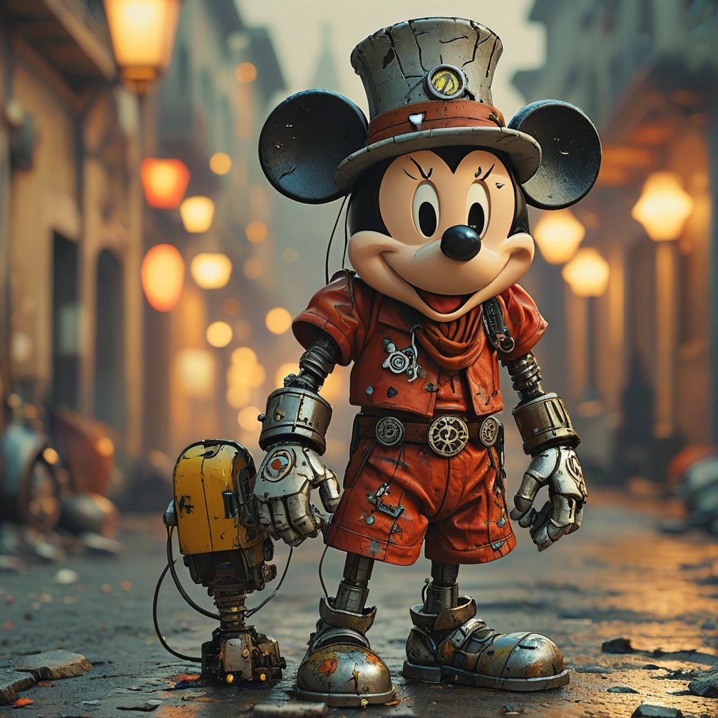 robo mickey mouse, ruined citalian ity background, no fur, mechanical face, LED eyes, arcane wizard