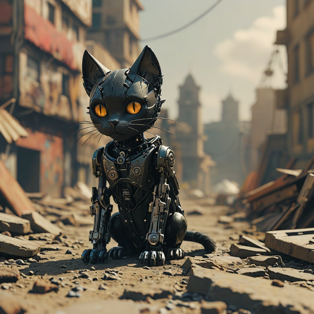robo black cat,  ruined city background by Goblinius on Tensor.Art
