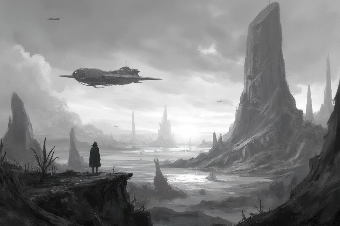A surrealistic black-and-white depiction of an alien planet under a vast,  starless sky. The landscape is desolate,  with...